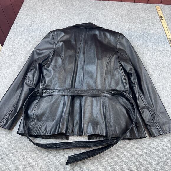 Wilson Leather Jacket Women Medium Black Button Front Lined Trench Coat - Picture 11 of 12